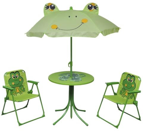 Tonture Ensemble bistro de jardin 3 pièces pour enfants - Vert - Avec parasol et chaises pliantes - Cadre en acier - Polyester - Parasol de 105 cm - Table de 50 cm - Charge maximale : 30 kg - Pour