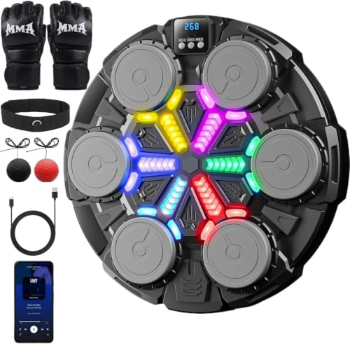 Bıbısset Music Boxing Machine for Kids Adults – Interactive Boxing Game Toy with Gloves & Reflex Ball, Bluetooth Wall Mounted Punching Trainer with LED Lights, Birthday Gift for Boys Girls Teens 3-12+