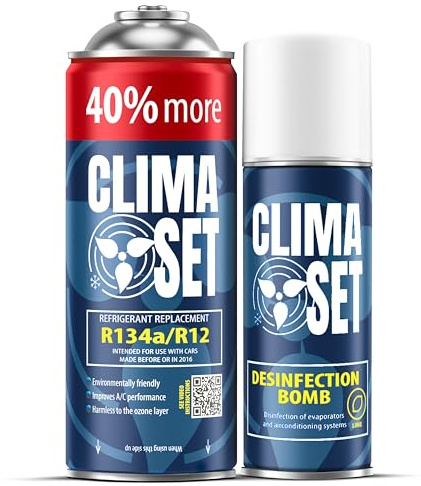 ClimaSet – R134a köldmedium XL & luftkonditioneringsrengöringsmedel för bilar – Luftkonditionering Självpåfyllningsset – Påfyllningsset, Bilklimat Påfyllning – 235 g