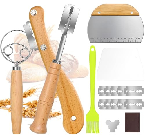 Jukibole Cuchillo Pan, 6 Piezas Cuchilla Panadero con Batidor Danés, 10 Cuchillas de Repuesto, 2 Rasquetas y Pincel, Cuchillo Masa para Marcar, Ideal para Baguettes Masa Pan Casero y Repostería