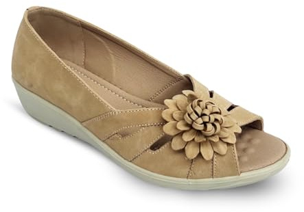 Cushion Walk Womens Wide Fit EEE Peep Toe Sandals Low Wedge Comfort Shoes Slip-On with Flower Detail Casual Summer (Beige, UK Footwear Size System, Adult, Women, Numeric, Wide, 7)