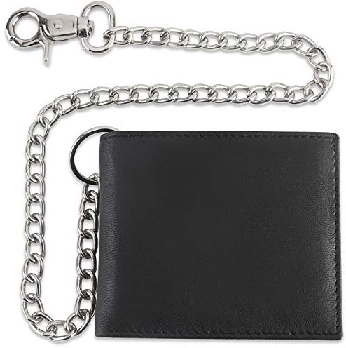 F&L CLASSIC RFID Blocking Mens bi-fold Style Cowhide Leather Steel Chain Wallet, texas black