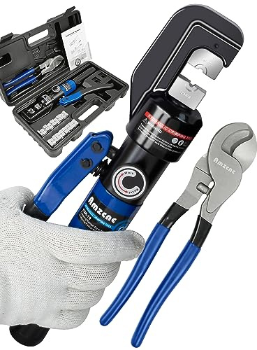 AMZCNC Hydraulic Crimping Tool and Cable Cutter Hydraulic Cable Lug Crimper 10 US TON 12 AWG to 00 (2/0) Electrical Terminal Cable Wire Tool Kit with 9 Die