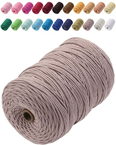 GOHOF Macrame Cord 3mm x 200m Premium Cotton Macrame Rope, 4 Strand Twisted Soft Cotton Cord, One of The Most Perfect Materials for Macrame Art, Cotton String Without Chemicals (Warm Gray)