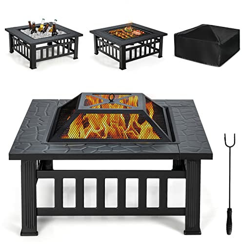 RELAX4LIFE Brasero Extérieur en Fer 3 en 1 avec Couvercle, Brasier avec 6 Trous de Ventilation, Poker et Filet de Barbecue, Brasero avec Sac de Rangement, pour Patio/Jardin/Cour (Modèle 1)