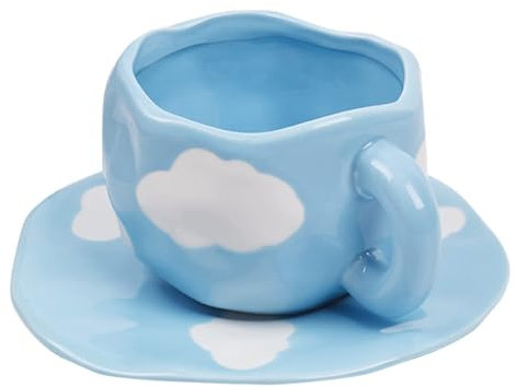 Koythin Tasse à café en céramique avec soucoupe, tasse à café mignonne en forme de nuage et tasse pour le bureau et la maison, bleu ciel et nuages blancs, 300 ml pour latte, thé, lait