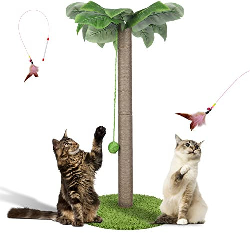 Zvonema Griffoir pour Chat, Arbre à Chat 85 CM, Griffoir Chats avec Corde de Sisal Natual d'Intérieur Palmier avec Balles en 1 Bâton à Plumes, Suspendues Interactives pour Petits & Grands Chats
