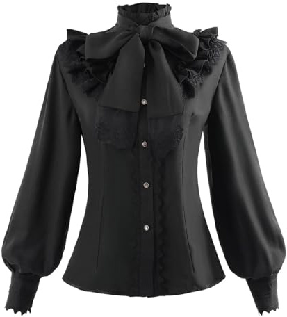 CR ROLECOS Victorian Blouse Gothic Shirt Button Puff Sleeve Top Vampire | Vintage‑style blouses available long/short sleeve designs,tailored fitted cut,for Lolita style,goth gatherings,period‑themed