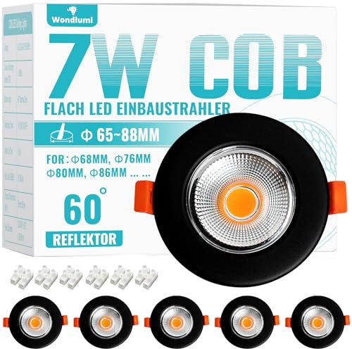 Wondlumi 6x 7W Faretti LED da Incasso per Cartongesso Nero,600LM Foro 65-85mm Luce Naturale 4000K per Cucina,Interno,Faretti Led Soffitto COB 220V Equivalenti a 65W