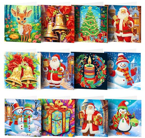 Cartes de Vœux de Noël,12 Pièces 5D Diamant Peinture Cartes de Vœux,Cartes de Vœux de Noël Pliées avec Enveloppes,Carte Cadeau de Noël pour la Famille, Les Amis