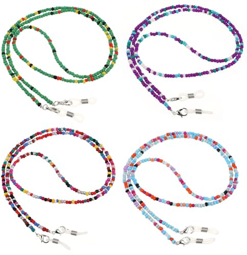 Bewudy 4 Pcs Beaded Eyeglass Chains for Women Girls, Necklace Eye Glasses Holders Around Neck, Eyeglass Strap For Women Sunglasses Accessories (4 Color A)