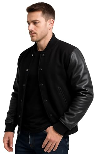 Trendy Jacket Mens College Varsity Jacket Men Faux Leather Sleeves + Wool High School Letterman Jacket Men Baseball Bomber Jacket Black, X-Large