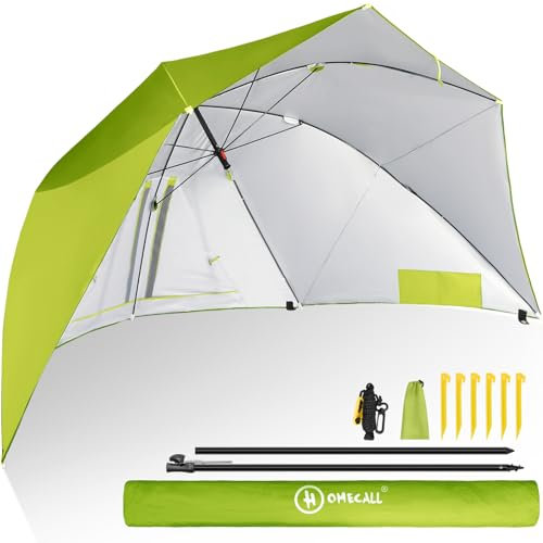 Homecall Sonnenschirm Strand & Strandmuschel 2 in 1 Strandschirm Umschaltbar Ø 270cm Sonnenschirm Groß mit Fenster - Windschutz Strand, Regendicht, UV50+ Sonnenschutz für 2-3 Personen (Grün)
