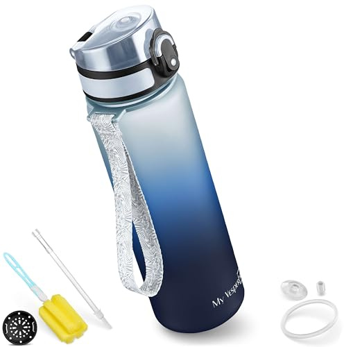 My Vesperbox Minny Läckagesäker drickflaska för barn, 350/500/750 ml, med sugrör eller sil, lätt vattenflaska i titan, BPA-fri, för dagis och skola (500 ml, vit/blå/svart)