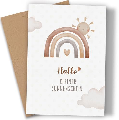 Karte Geburt Mädchen & Junge - Geburtskarte mit Kraftpapier Umschlage - Glückwunschkarte zur Geburt Junge Mädchen Babyparty Baby Karte Geburt Klappkarte Hallo kleiner Sonnenschein Boho Regenbogen (A6)