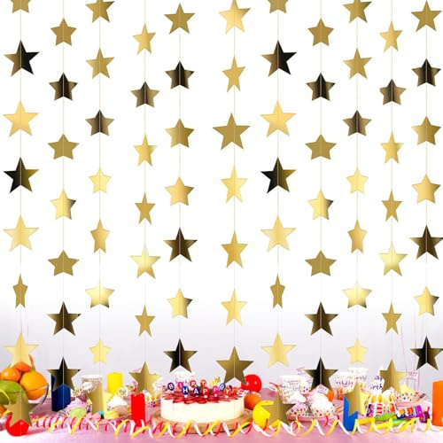 52 Feet Sparkling Star Bunting Banner Hanging Decoration,Glitter Star Garland Streamer Kit,Twinkle Little Stars Party Garlands,Reflective Stars Paper Garland For home gathering,wedding(Gold)