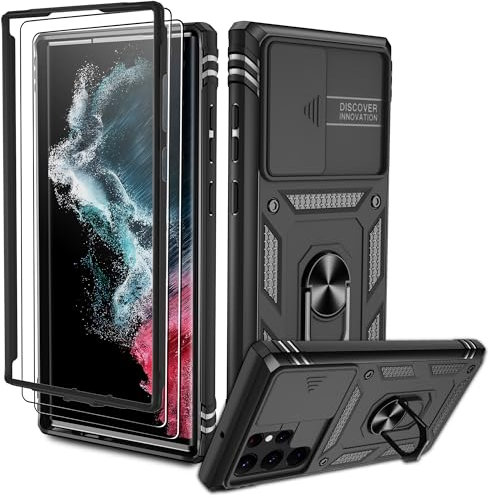 Pilaru for Samsung S22 Ultra Case with 1 Screen Protector & Kickstand Ring & Camera Cover Military Grade Drop Shockproof Protection [With Front Frame] Phone for Galaxy S22 Ultra,Black