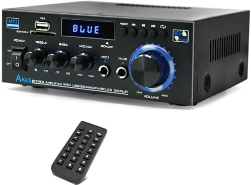 AK45 Amplificatore audio stereo per la casa, mini ricevitore Bluetooth 5.0, 300 W x 2, amplificatore stereo Blutooth HiFi 2.0 canali RMS, 40 W x 2, sistema stereo domestico con telecomando Amp W/MC