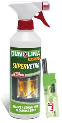 Diavolina Supervetro, Detergente Pulitore Specializzato ad Azione Extra Forte per Pulire a fondo i Vetri di Camini e Stufe dalla Fuliggine con Accendino GM (1, 500ml Spray)