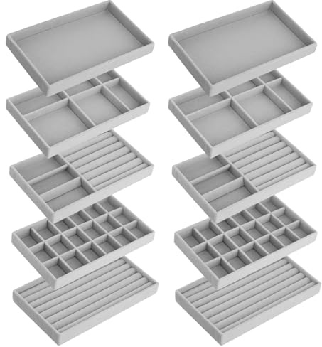 QWORK® Set de 10 Organizadores de Joyas de Terciopelo para Cajones - 21x12x2.5cm - Diseño Apilable
