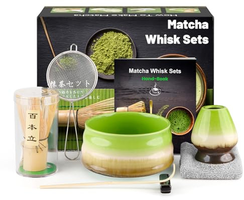 7 delar japansk match ceremoniskit, naturlig bambu match visp, matchskål, bambuskopa, sil, kökshandduk, visphållare, komplett matcha-set, grön