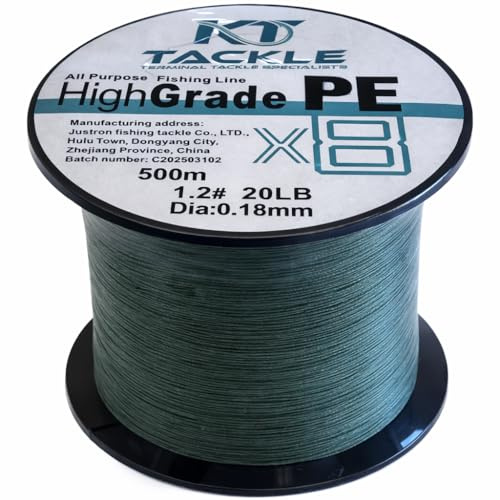 KT Tackle 20lb Braided Fishing Line – 8-Strand Super Smooth Braid – 500m Spool – 0.18mm Diameter