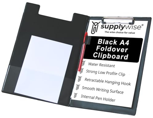 Supplywise Black Foldover Clipboard A4, Multi-Purpose Clip Boards A4 Clipboard Folder, Low Profile Clip, Document Organiser with Pen Holder, Clipboards for School, Home & Office