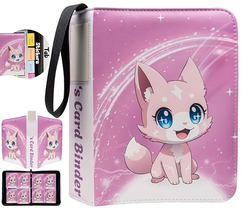 Trading Card Binder 4 Pocket Gifts for Girls, 440 Pockets Pink 3 Ring Binder, Includes Name Tag, Tab Stickers, Cards Binder Album Book Holder Case for Baseball Football Sports Tcg Binder