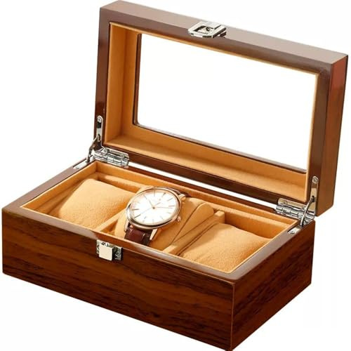 PRK 14 Wooden Luxury Watch Box - Holds 3 Watches Timepiece Display Storage Case Dark Wood with Window Protect from Dust and Scratches for Men and Women