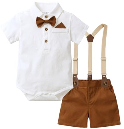 HEOXIN Conjunto Traje de Caballero para Bebé Niño, Camisa de Manga Cortacon Pajarita + Tirantes y Pantalones Cortos, Pelele para Conjuntos Verano Otoño Niño, Marrón, 23 Años