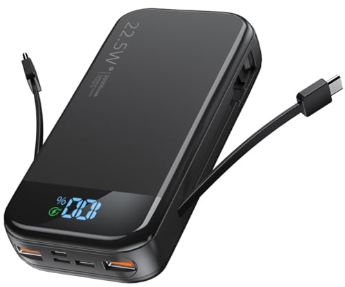 SOUNIX Power Bank 20000 mAh, 22,5 W USB-C Schnellladung, Powerbank mit 2 Kabel, 5 Ausgänge, 3 Eingänge, Kompatibel mit iPhone 17 16 15 14 13 12 Pro Samsung S25 S24 Airpods iPad