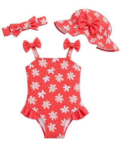 DivingBirds Traje de baño para bebé niña con sombrero de sol y diadema, set, traje de baño para bebés, para el verano, regalo de playa, 3 meses-3T, Rojo (Red Flower), 18-24 Months