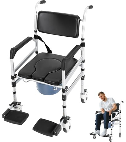 DioPaiB Silla de baño con ruedas para personas mayores, silla de ducha 4 en 1, hasta 160 kg, altura ajustable, 48-54 cm, silla de ruedas plegable con frenos, reposabrazos y cinturón de seguridad