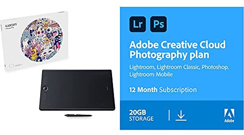 Wacom Intuos Pro Pen Tablet (Size: L) / Large Professional Graphic Tablet incl. Wacom Pro Pen 2 with Replacement Tip, Black, Adobe Creative Cloud Photography plan 20GB: Photoshop + Lightroom| 1 Year