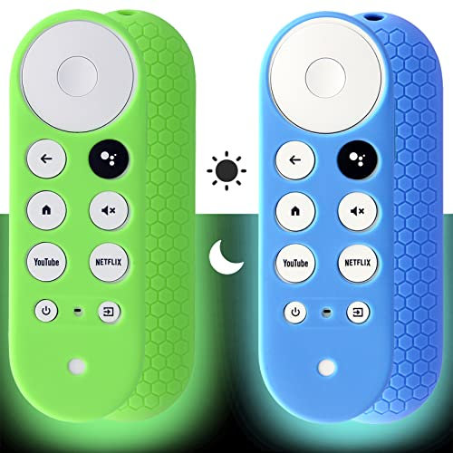Pinowu 2pcs Cubierta Remoto (Brilla en la Oscuridad) Compatible con Chromecast con Google TV (4K) Voice Remote, Pinowu Silicona Antideslizante Funda (Verde y Azul)