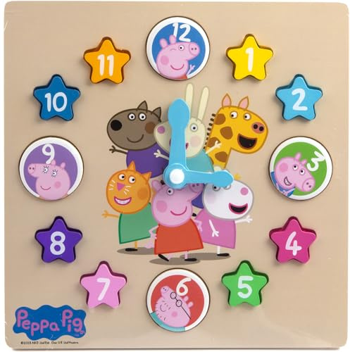 RMS Peppa Learning Clock 12pc Wooden Shape Sorter Early Development Learning Toy Pig Shapes & Colours Clock Puzzle Game