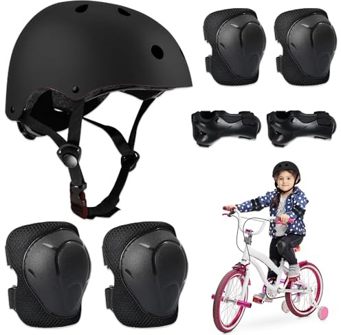 BNGXR Equipo de Protección Infantil, 5 in 1 Protecciones Patines Incluye Casco Rodilleras y Muñequeras Casco Set de Protección para niños 3-11 años Bicicleta Monopatín y Deportes Extremoscon(Negro)