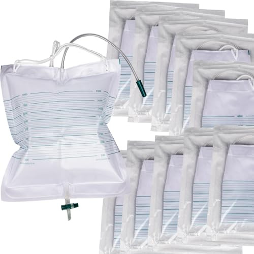 VWJ Paquete de 10 bolsas de drenaje urinario, volumen extra grande de 4000 ml, bolsas de drenaje con antirreflujo, bolsa de orina con interruptor de drenaje fácil, bolsas urinarias de ajuste universal