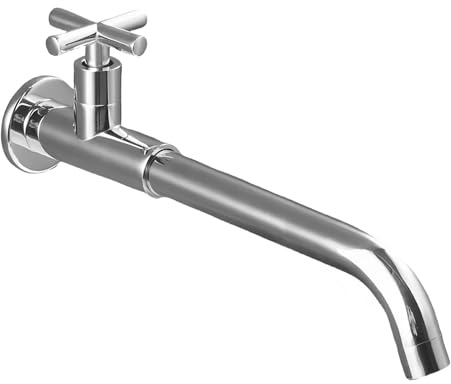 NIUKOMY Rubinetto Lavello a Muro in Ottone Cromo, Rubinetti Lungo a Parete Giardino Acqua Fredda, G1/2 Rubinetto Esterno in Rame, Girevole a 360° Rubinetteria con Maniglia a Croce per Cucina Bagno