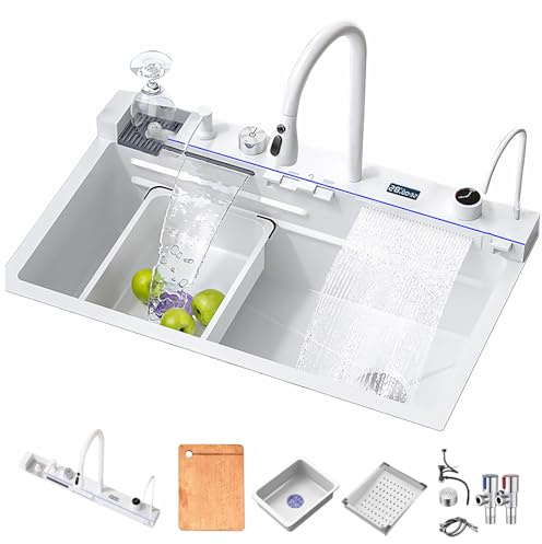 TULAZOU Diskbänk, T304 rostfri diskbänk, multifunktionell diskbänk, vattenfallsdiskbänk, inbyggd diskbänk med multifunktionell digital kran och olika tillbehör (80 x 45 cm)