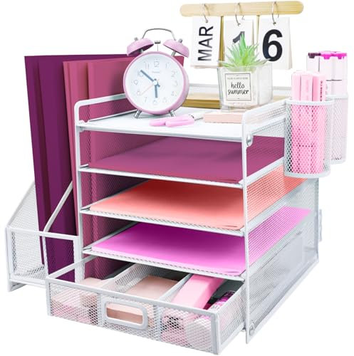 ideallife Schreibtisch Organizer Ablage aus Metall, 5 Ebenen Papier Briefablage mit Aktenhalter, Mesh Schreibtisch Akten Organizer mit Zeitschriftenhalter für Büro Dokumentenablage (Weiß)