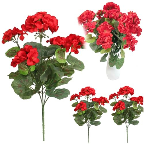 Plastblommor, 3 st Konstgjorda Pelargon för Utomhus 35,5 cm Silke UV-Resistenta Böjbara Fuskblommor Långvarig Falsk Blomma, Röd
