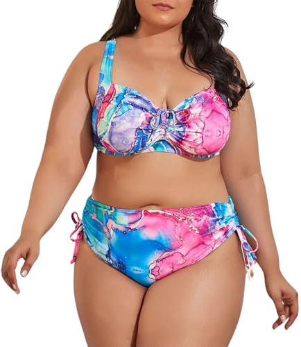Women Plus Size Swimsuits 2 Piece Twist Front Polka Dot Printed Bikini Sets Deep V Push Up Padded Vintage Bikinis Swimwear Ladies Beachwear Tankini