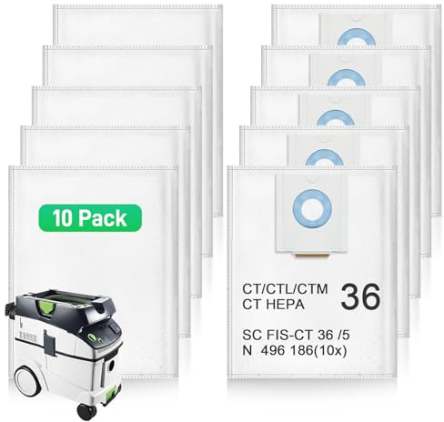 Lot de 10 sacs filtrants 496186 pour extracteur de poussière Festool CT 36/CTM 36 E/CTL 36 E CLEANTEC Series, sacs à poussière pour Festool SC FIS-CT 36/5, jetables et grande capacité