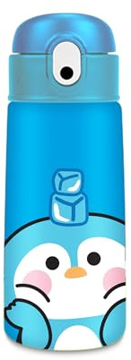 Cartomania Borraccia termica chill & refill, Tema pinguino, Azzurro, 460ml, Acciaio, Cannuccia, Mantenimento temperatura caldo 12h/ freddo 24h, Scuola, Bambini e adulti, Idea regalo