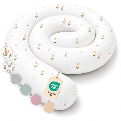 Lovely Hippo sidosovkudde av 100 % bomull – sängorm kroppskudde, lång kudde, sängrulle, kudde (rosa blommor, 150 cm)