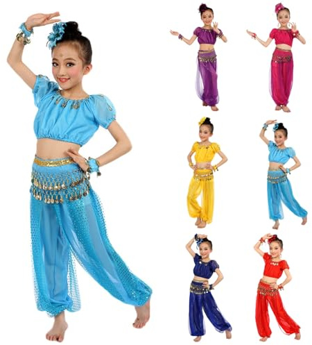 Generico Costume da Ballerina del Ventre Vestito da Danza del Ventre per Bambina con Paillettes Abito Ballo Arabo Principessa Maniche Corta Costum Pantaloni Danza Vestito per Spettacoli Carnival