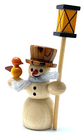 Drechslerei Friedbert Uhlig, Miniatur Nr. 04/H, Schneemann mit Laterne, hell, 5 cm hoch, aus regionalem Holz gedrechselt, echte Handarbeit aus dem Erzgebirge, Weihnachten, Holzkunst, Echtholz