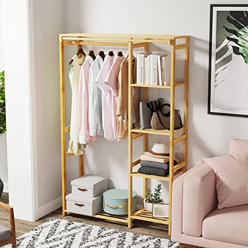 Bamboo Clothes Rack Organizer: Clothing Hanging Garment Rack Stand Wardrobe Closet with 6 Tier Storage Shelves for Living Room Bedroom Entryway