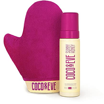 Coco & Eve Sunny Honey Mousse autoabbronzante naturale - (Scuro) Set abbronzante Bali con guanto autoabbronzante | antietà, anti cellulite (212ml)